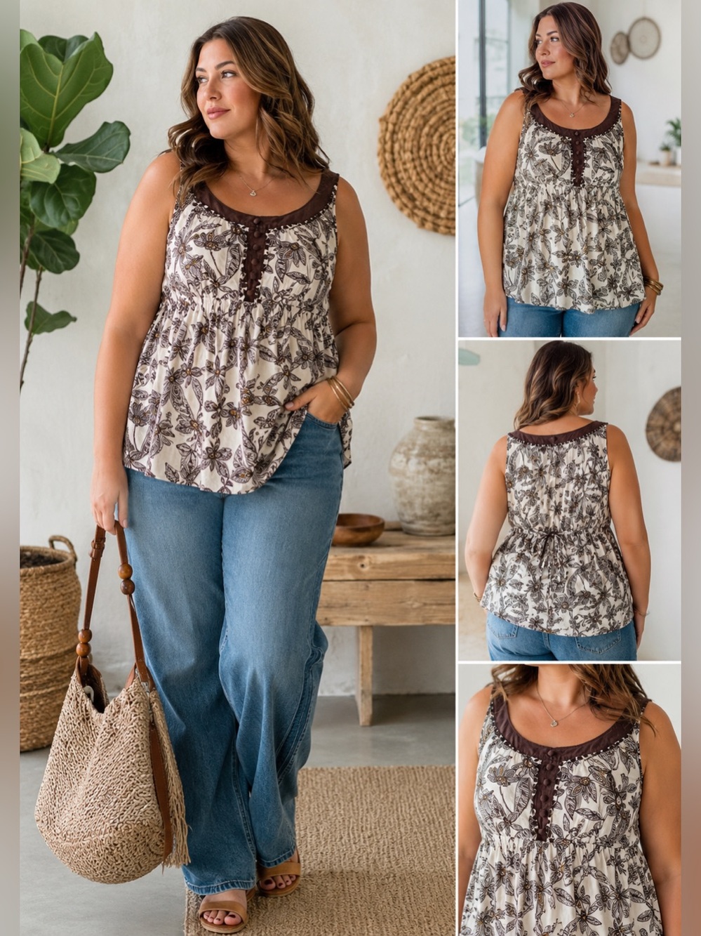Hillstd & Hanson 100% Cotton Floral Tunic Top Brown Cream Empire Waist Tie Back